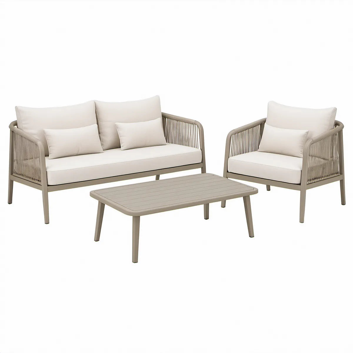 Zahradní sedací souprava z hliníku s lanovým výpletem, taupe/béžová, pohovka 126 × 73 × 76 cm