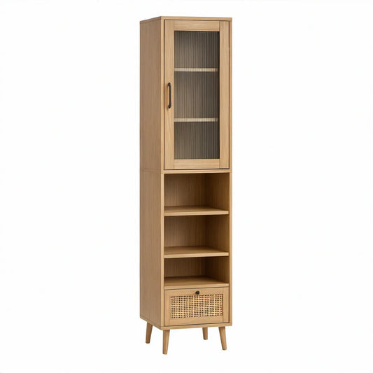 Vysoká vitrína z MDF v dekoru přírodního dubu se žebrovaným sklem a ratanovým výpletem, 45 × 35 × 180 cm